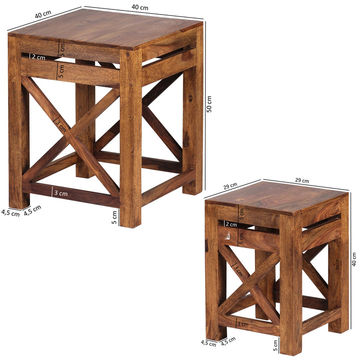 Set aus 2 Sheesham Massivholz Beistelltischen_ rustikaler Landhausstil_ robust_ pflegeleicht_ quadratische Ablageflächen - KADIMA DESIGN_Größe_ 40x40x50 cm_