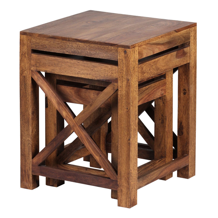 Set aus 2 Sheesham Massivholz Beistelltischen_ rustikaler Landhausstil_ robust_ pflegeleicht_ quadratische Ablageflächen - KADIMA DESIGN_Größe_ 40x40x50 cm_