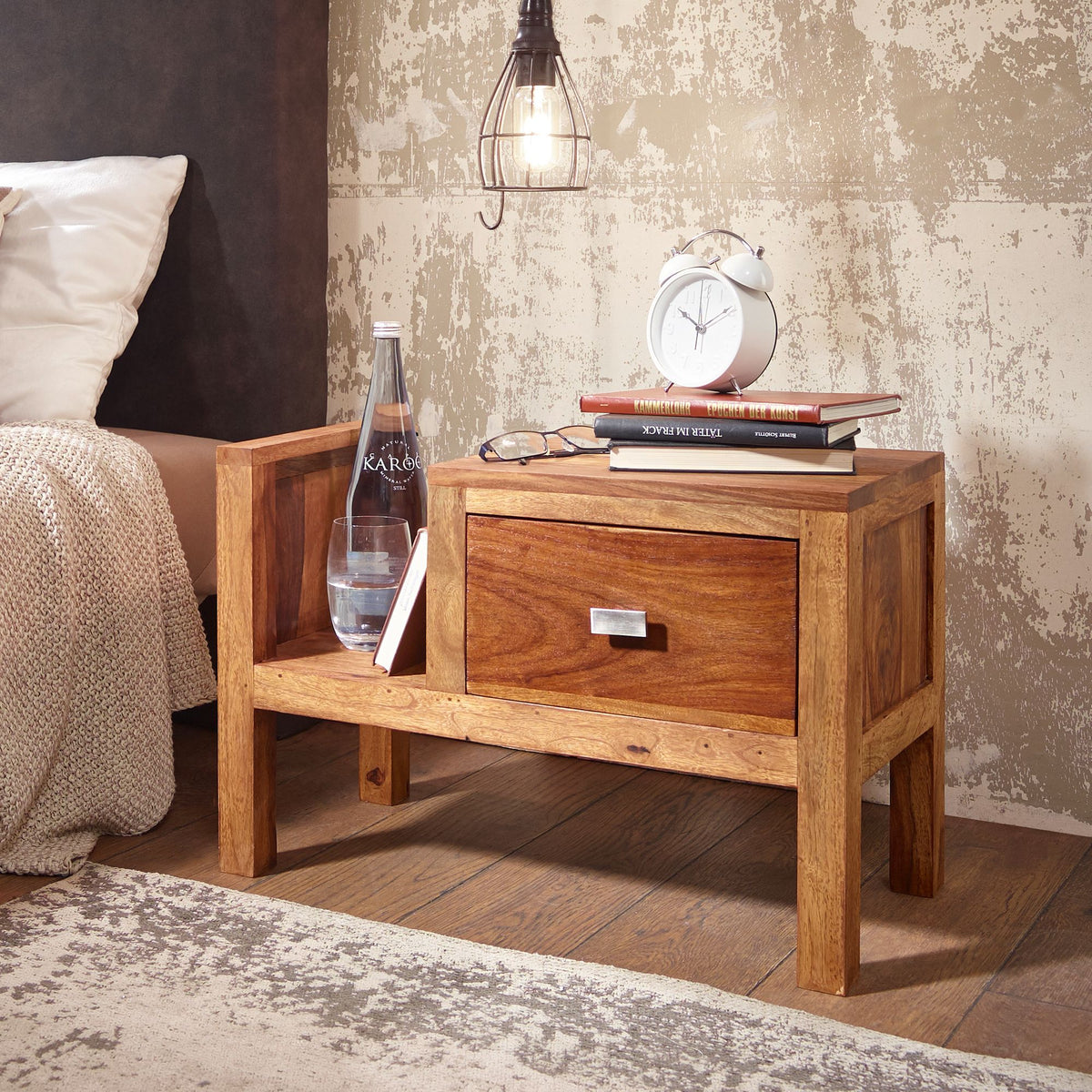 Robuste Sheesham Nachtkonsole  Landhaus-Optik  60x40x30 cm - Mit Schublade & Ablage - KADIMA DESIGN Größe  60x30x40 cm