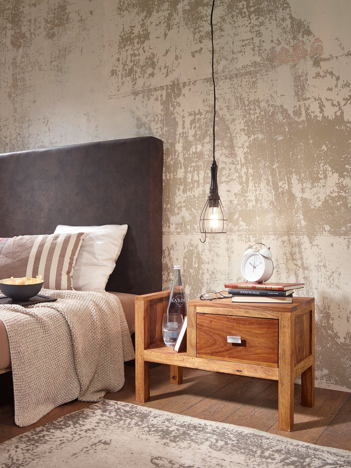Robuste Sheesham Nachtkonsole_ Landhaus-Optik_ 60x40x30 cm - Mit Schublade &amp;amp; Ablage - KADIMA DESIGN_Größe_ 60x30x40 cm_