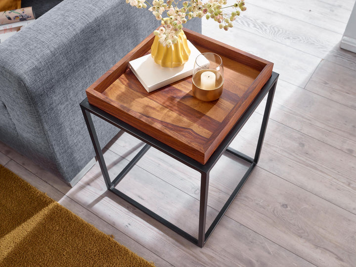 KADIMA DESIGN Sheeshamholz Beistelltisch - Moderner Industrie-Design quadratischer Tisch aus Holz und Eisen - Abnehmbares Tray_Braun_#sku_BARWL6.736#