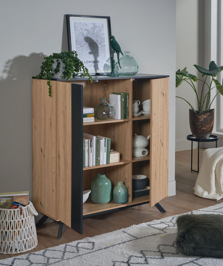 Stilvolle Kommode mit Eiche-Dekor_ 6 Fächer_ magnetische Stopper_ pflegeleichte Oberfläche - KADIMA DESIGN_Größe_ 110x40x125 cm_