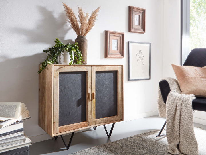 Sideboard_ Mangoholz_ Stauraum_ anthrazitfarbene Türfronten_ 80x75x35 cm - KADIMA DESIGN_Größe_ 80x35x75 cm_