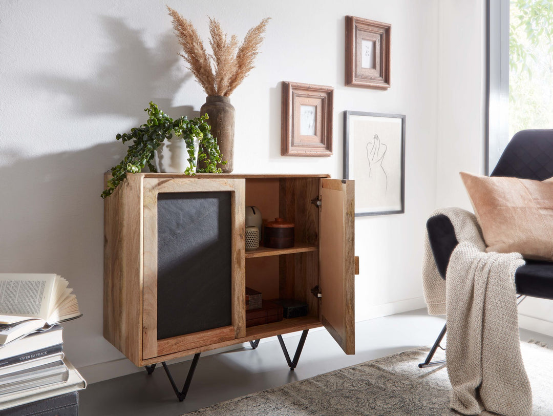 Sideboard_ Mangoholz_ Stauraum_ anthrazitfarbene Türfronten_ 80x75x35 cm - KADIMA DESIGN_Größe_ 80x35x75 cm_