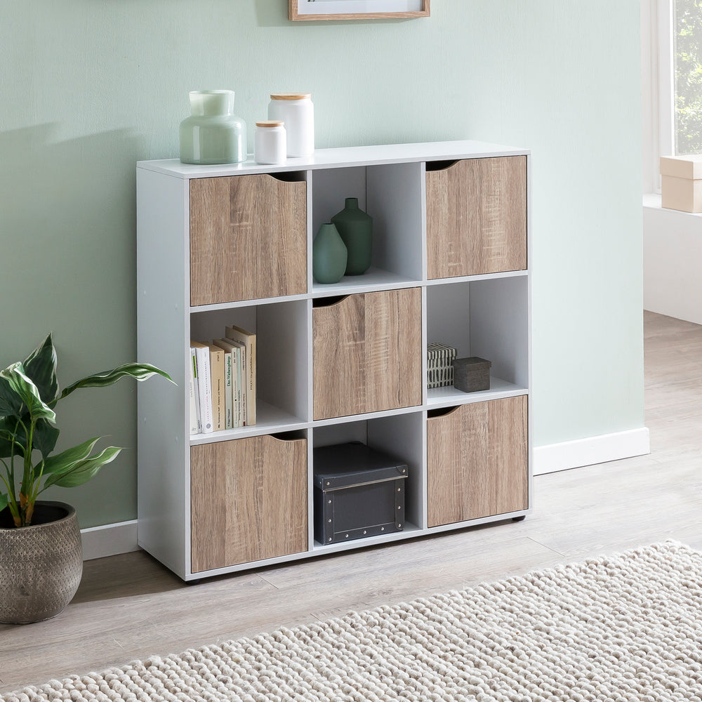 Standregal mit 9 Fächern_ Weiß/Sonoma_ Stauraum für Bücher/Dekoration_ 89x91x29 cm - KADIMA DESIGN_Größe_ 89x29x91 cm_
