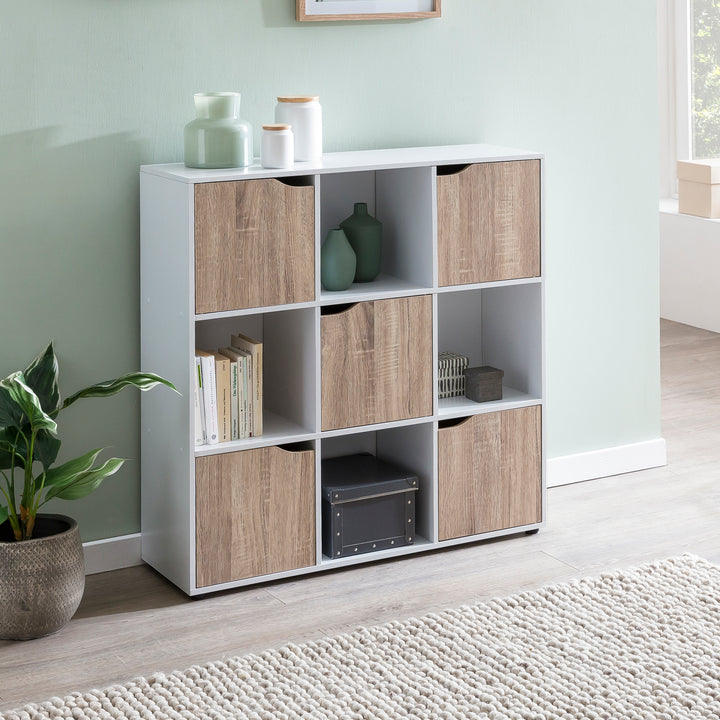 Standregal mit 9 Fächern_ Weiß/Sonoma_ Stauraum für Bücher/Dekoration_ 89x91x29 cm - KADIMA DESIGN_Größe_ 89x29x91 cm_