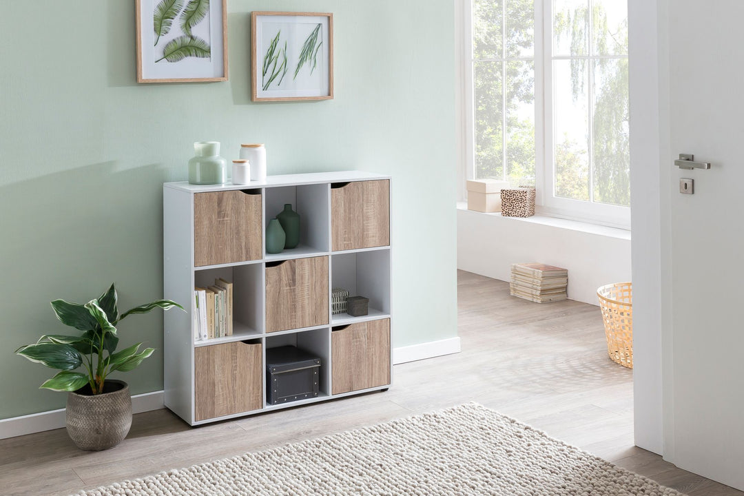 Standregal mit 9 Fächern_ Weiß/Sonoma_ Stauraum für Bücher/Dekoration_ 89x91x29 cm - KADIMA DESIGN_Größe_ 89x29x91 cm_