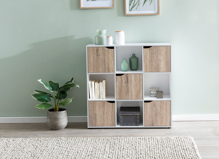 Standregal mit 9 Fächern_ Weiß/Sonoma_ Stauraum für Bücher/Dekoration_ 89x91x29 cm - KADIMA DESIGN_Größe_ 89x29x91 cm_