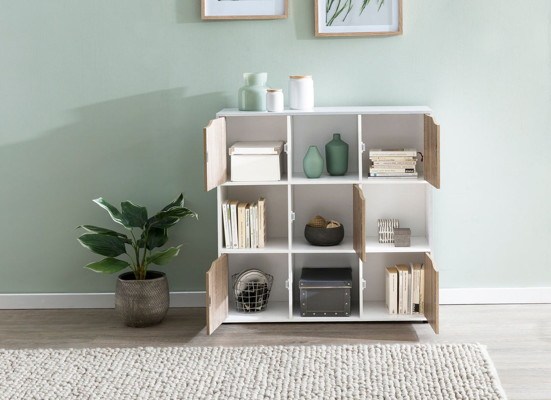 Standregal mit 9 Fächern_ Weiß/Sonoma_ Stauraum für Bücher/Dekoration_ 89x91x29 cm - KADIMA DESIGN_Größe_ 89x29x91 cm_