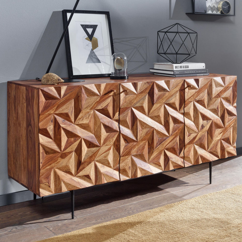 Sideboard &quot;Metallux&quot;_ Sheesham-Holz_ 3D-Oberfläche_ Braun_ Modern - KADIMA DESIGN_Größe_ 144x47x72 cm_