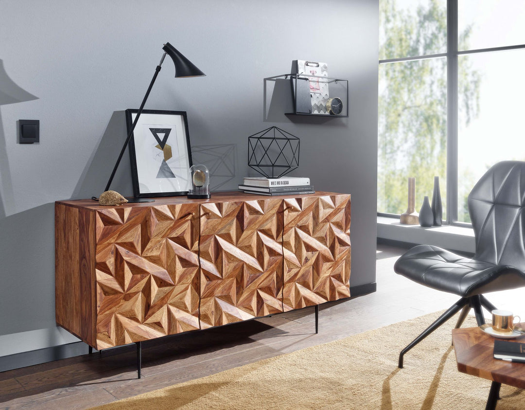 Sideboard &quot;Metallux&quot;_ Sheesham-Holz_ 3D-Oberfläche_ Braun_ Modern - KADIMA DESIGN_Größe_ 144x47x72 cm_