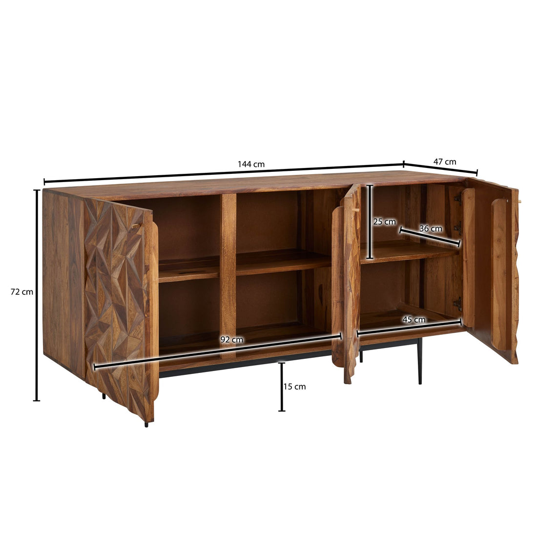 Maßzeichnung Sideboard – "Metallux", Massivholz, braun, 3D-Oberfläche, modern