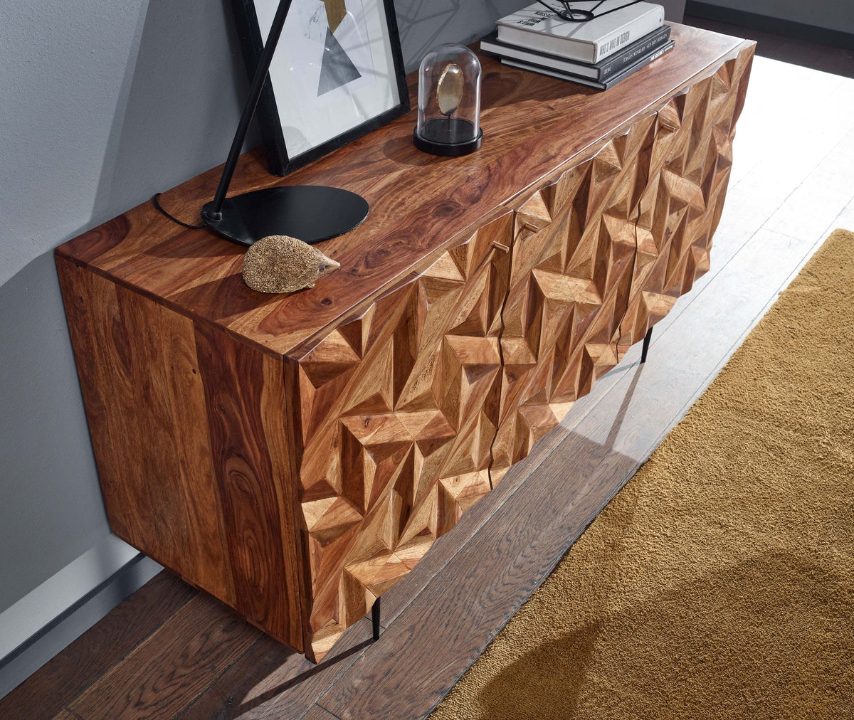 Sideboard "Metallux"_ Sheesham-Holz_ 3D-Oberfläche_ Braun_ Modern - KADIMA DESIGN_Größe_ 144x47x72 cm_