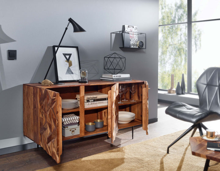 Sideboard &amp;quot;Metallux&amp;quot;_ Sheesham-Holz_ 3D-Oberfläche_ Braun_ Modern - KADIMA DESIGN_Größe_ 144x47x72 cm_