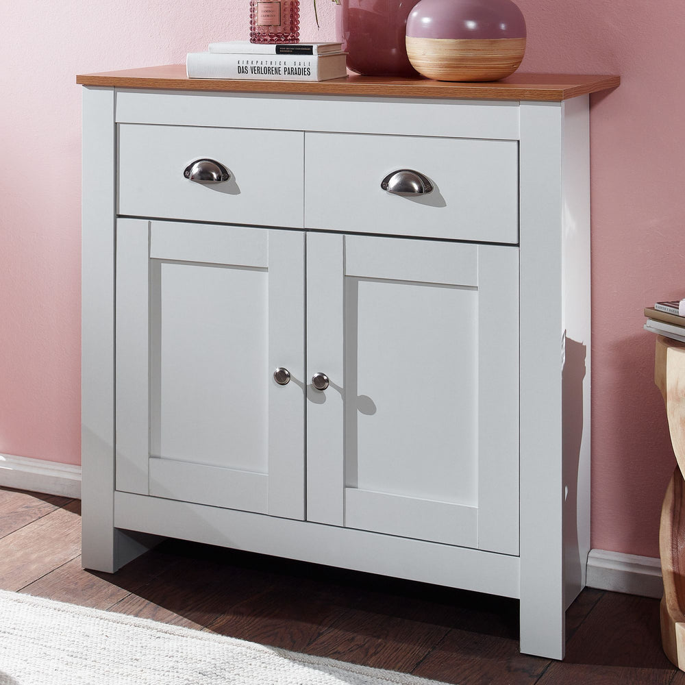 Modernes Sideboard mit 2 Schubladen_ Eiche und Weiß_ Melaminharzbeschichtung - KADIMA DESIGN_Größe_ 79x35x81 cm_