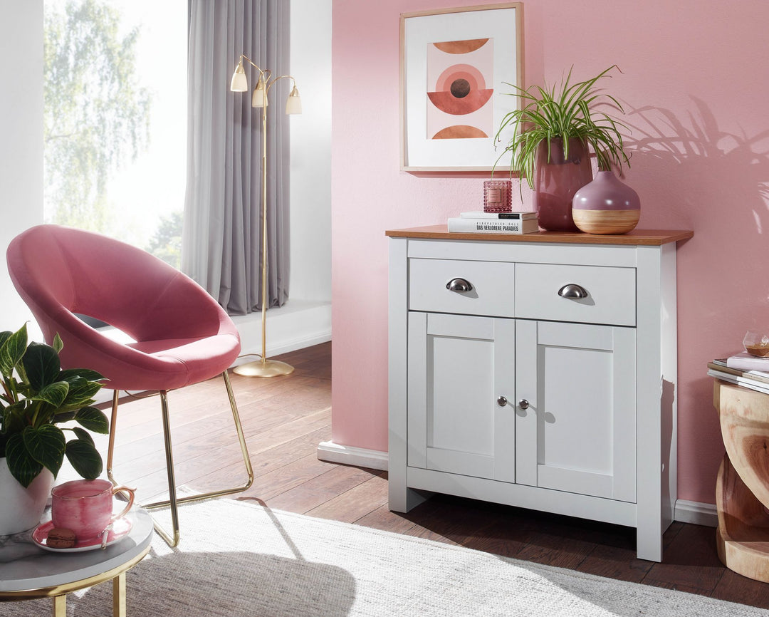 Modernes Sideboard mit 2 Schubladen_ Eiche und Weiß_ Melaminharzbeschichtung - KADIMA DESIGN_Größe_ 79x35x81 cm_