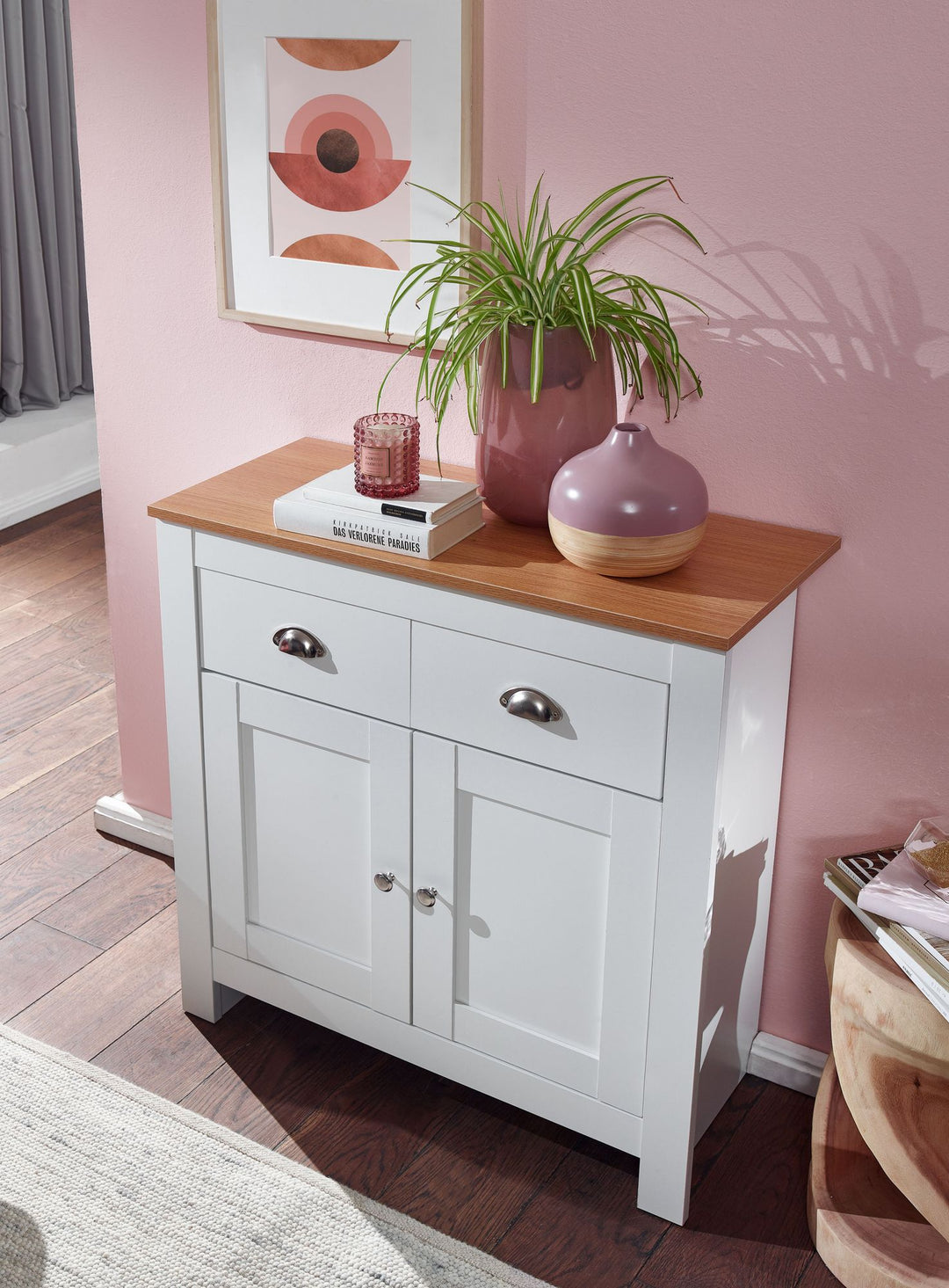 Modernes Sideboard mit 2 Schubladen_ Eiche und Weiß_ Melaminharzbeschichtung - KADIMA DESIGN_Größe_ 79x35x81 cm_