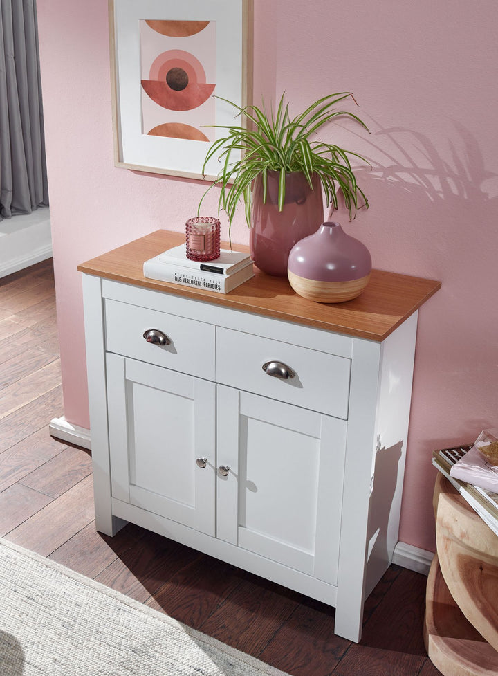 Modernes Sideboard mit 2 Schubladen_ Eiche und Weiß_ Melaminharzbeschichtung - KADIMA DESIGN_Größe_ 79x35x81 cm_
