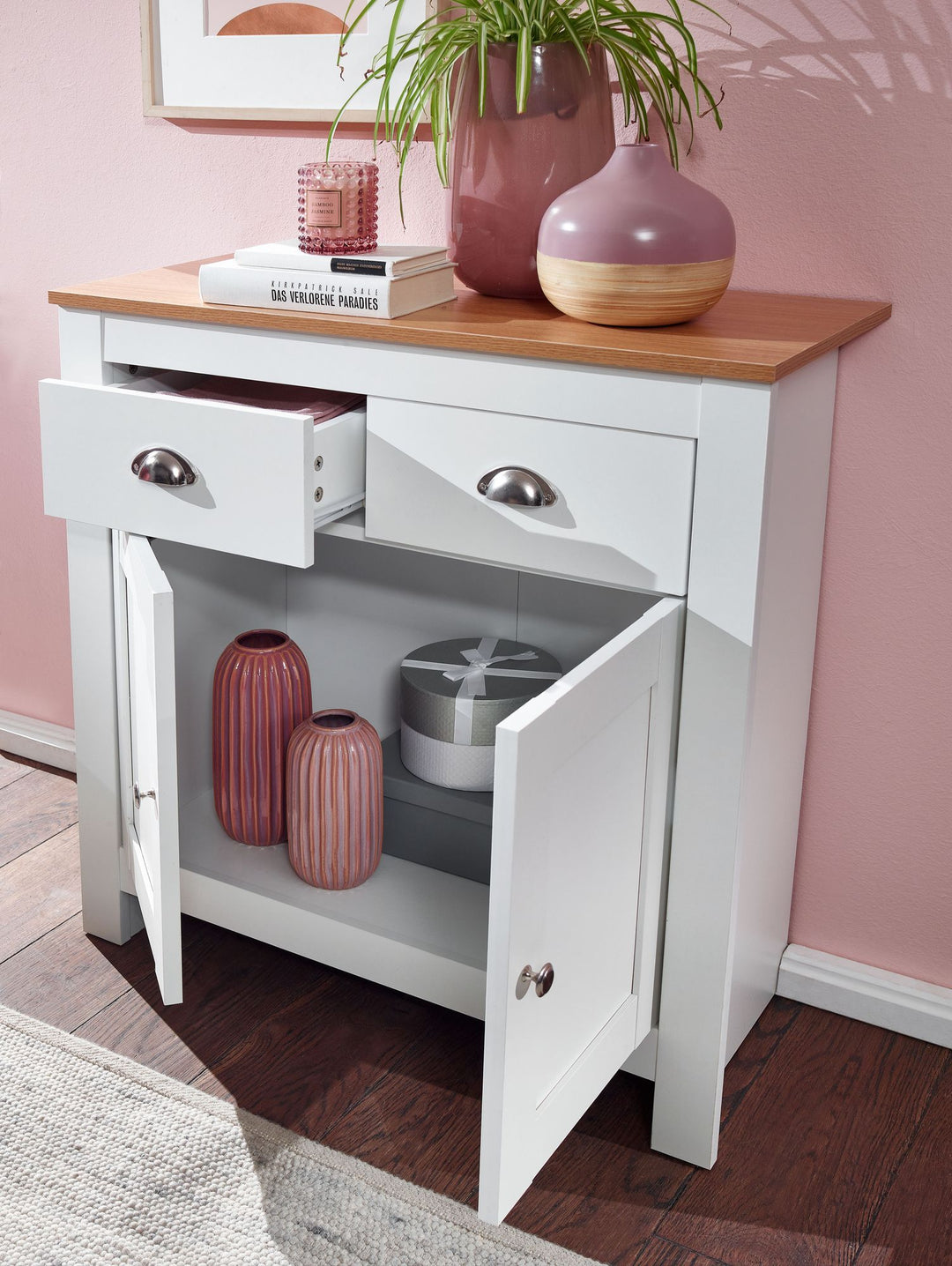 Modernes Sideboard mit 2 Schubladen_ Eiche und Weiß_ Melaminharzbeschichtung - KADIMA DESIGN_Größe_ 79x35x81 cm_
