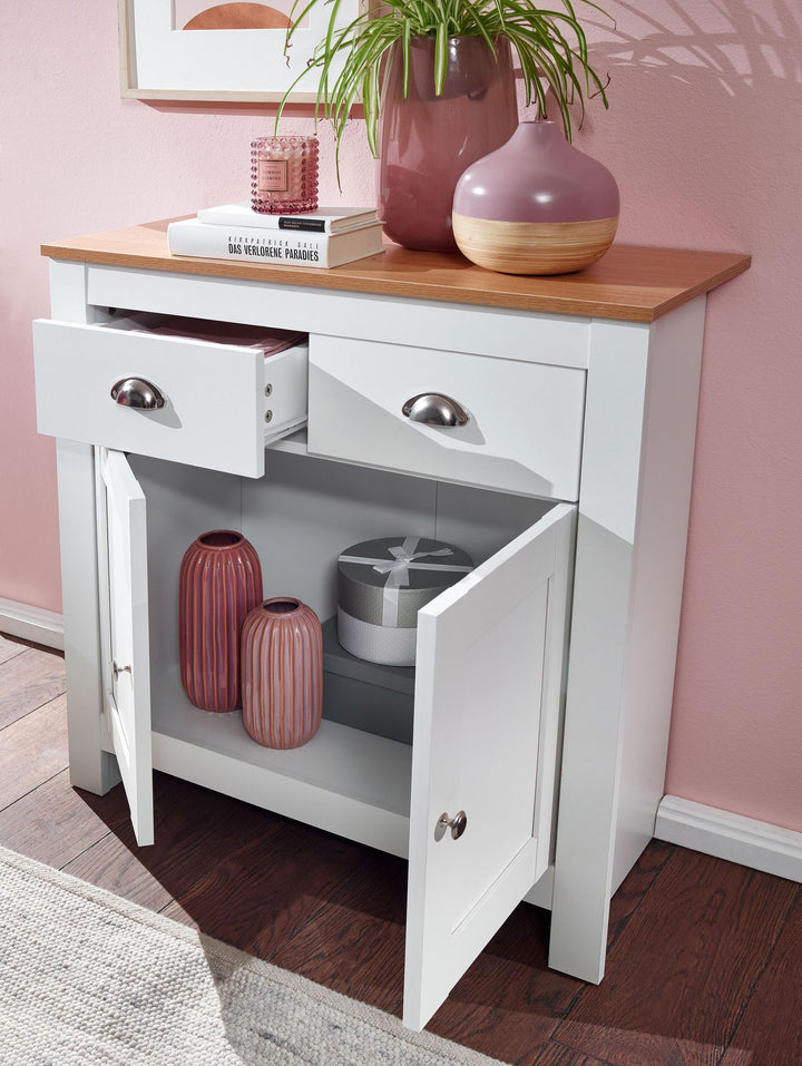 Modernes Sideboard mit 2 Schubladen_ Eiche und Weiß_ Melaminharzbeschichtung - KADIMA DESIGN_Größe_ 79x35x81 cm_