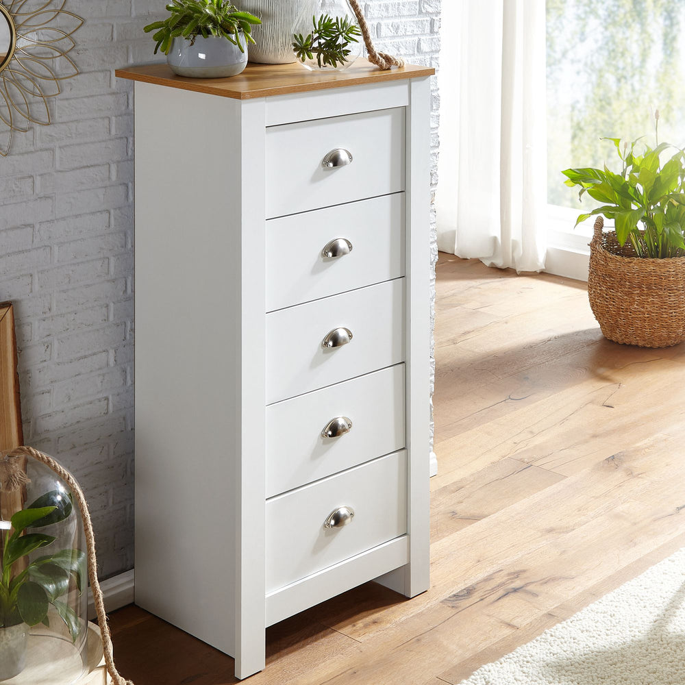 Eiche-Weißes Sideboard_ 5 Schubladen_ Platzsparender Stauraum_ Melaminharzbeschichtung - KADIMA DESIGN_Größe_ 53x39x114 cm_