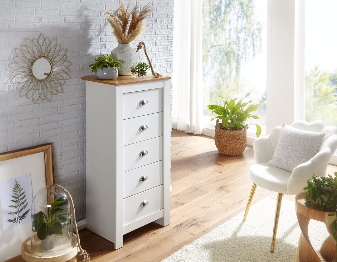 Eiche-Weißes Sideboard_ 5 Schubladen_ Platzsparender Stauraum_ Melaminharzbeschichtung - KADIMA DESIGN_Größe_ 53x39x114 cm_