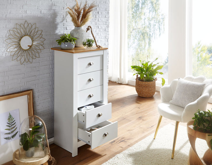 Eiche-Weißes Sideboard_ 5 Schubladen_ Platzsparender Stauraum_ Melaminharzbeschichtung - KADIMA DESIGN_Größe_ 53x39x114 cm_