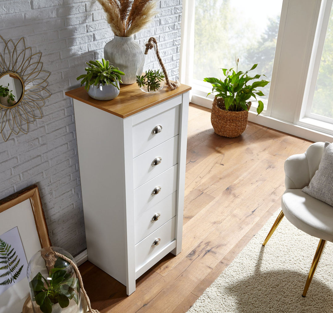 Eiche-Weißes Sideboard_ 5 Schubladen_ Platzsparender Stauraum_ Melaminharzbeschichtung - KADIMA DESIGN_Größe_ 53x39x114 cm_