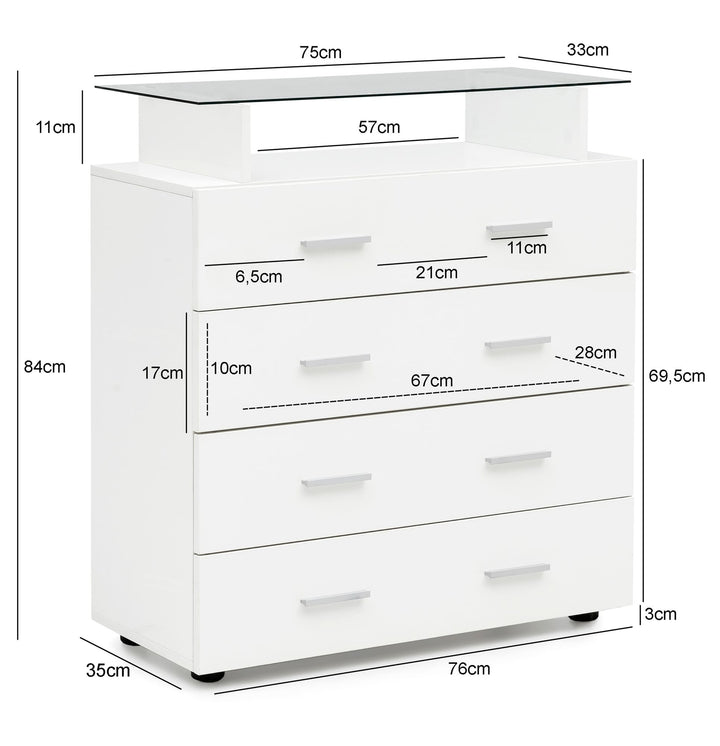 KADIMA DESIGN Hochglanz-Sideboard mit Glasplatte und 4 Schubladen_ modernes Design und langlebig - Weiß_Weiß_#sku_BARWL5.850#