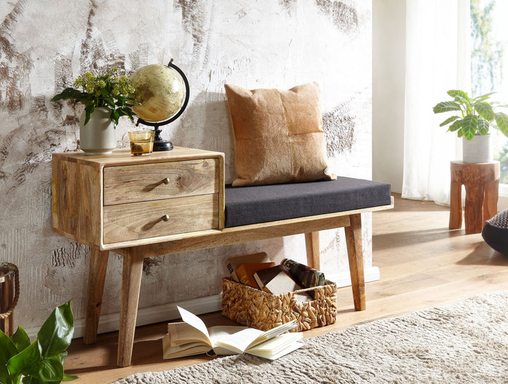 Sitzbank ARIZONA_ Retro Stil_ Schubladen_ Mango-Massivholzbeine_ Schwarz - KADIMA DESIGN_Größe_ 120x40x65 cm_