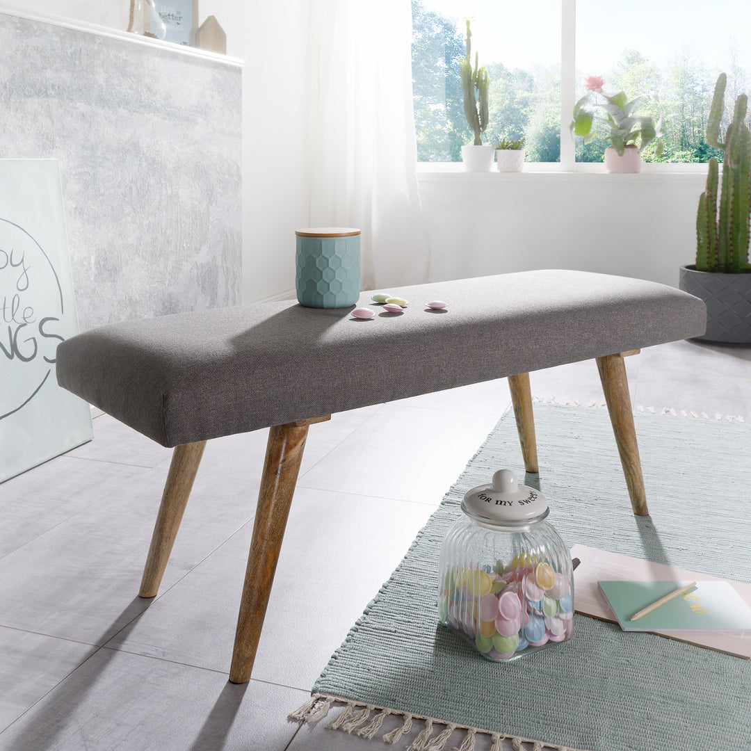 Sitzbank SILE_ Retro-Stil_ Bequeme Polsterung_ Strapazierfähiger Stoffbezug_ Massivholz_ Anti-Rutsch-Noppen - KADIMA DESIGN_Farbe_ Grau_ Größe_ 117x38x51 cm_