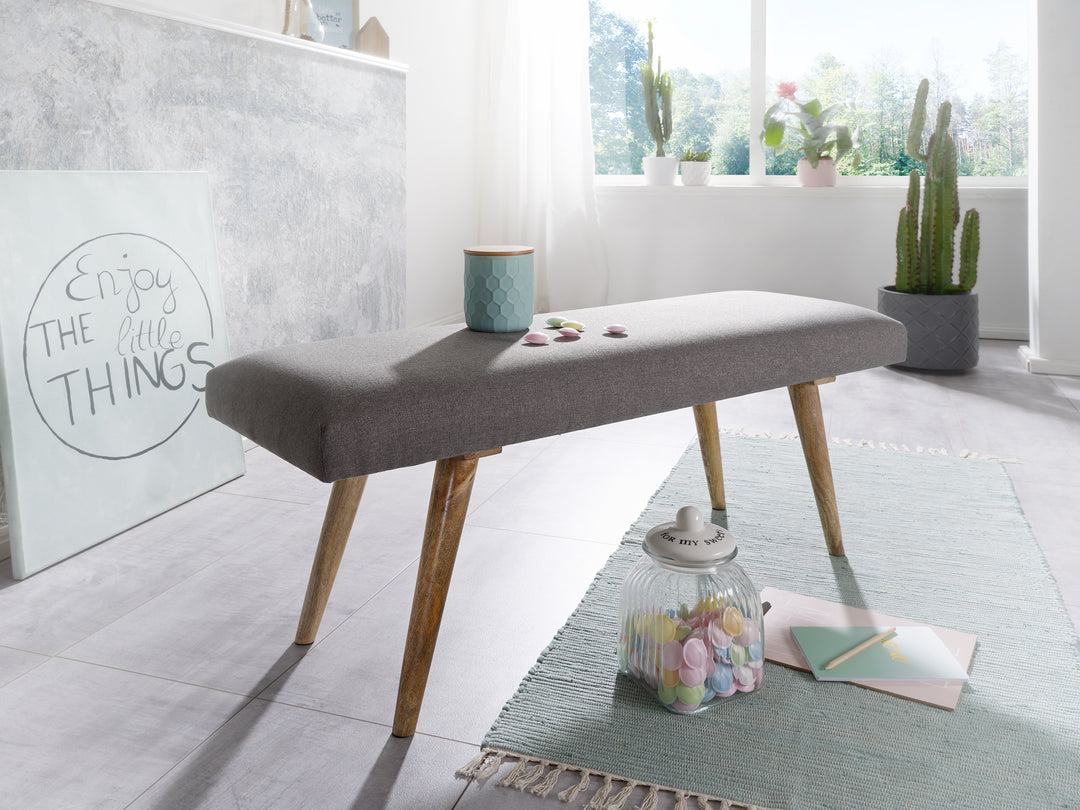 Sitzbank SILE_ Retro-Stil_ Bequeme Polsterung_ Strapazierfähiger Stoffbezug_ Massivholz_ Anti-Rutsch-Noppen - KADIMA DESIGN_Farbe_ Grau_ Größe_ 117x38x51 cm_