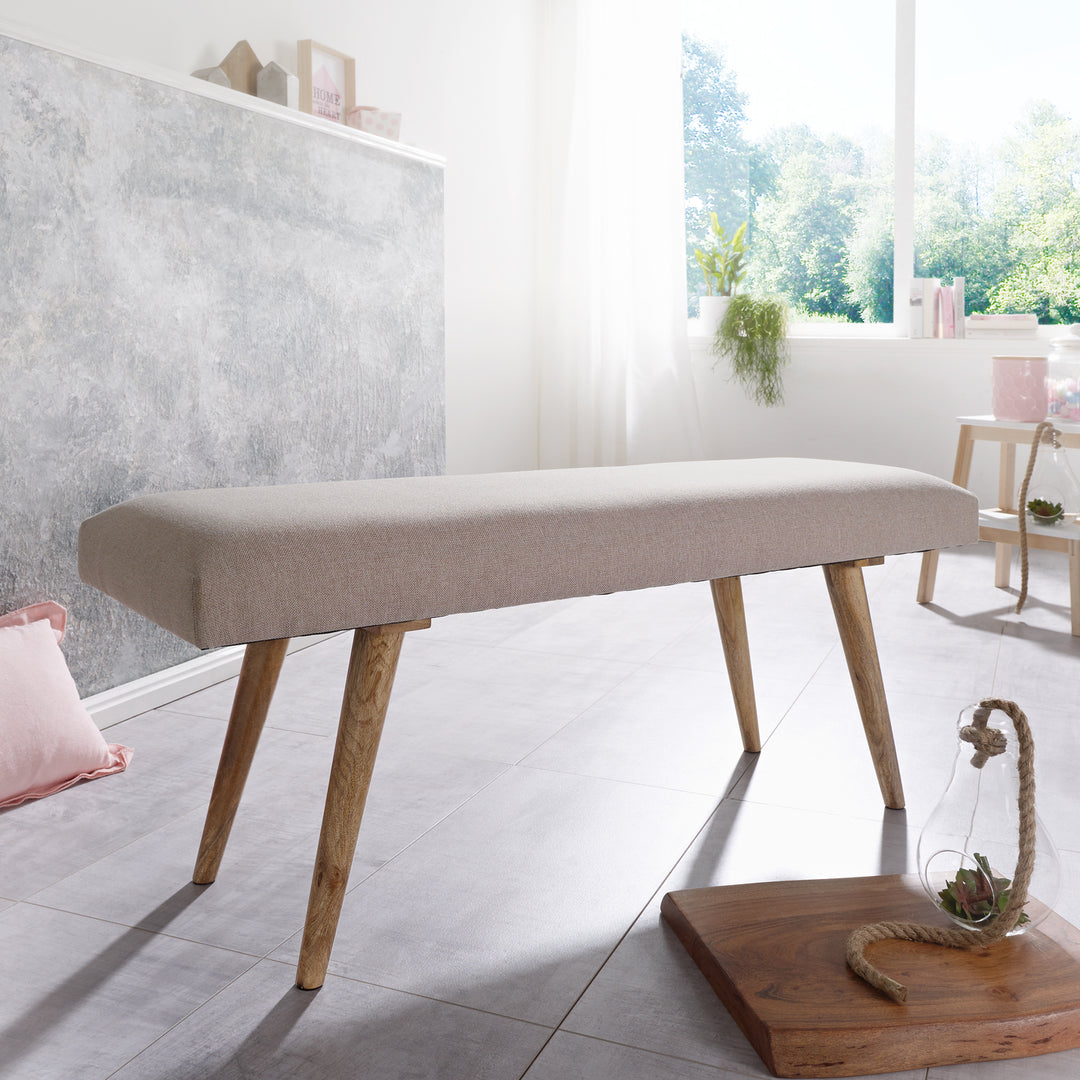 Sitzbank SILE_ Retro-Stil_ Bequeme Polsterung_ Strapazierfähiger Stoffbezug_ Massivholz_ Anti-Rutsch-Noppen - KADIMA DESIGN_Farbe_ Beige_ Größe_ 117x38x51 cm_