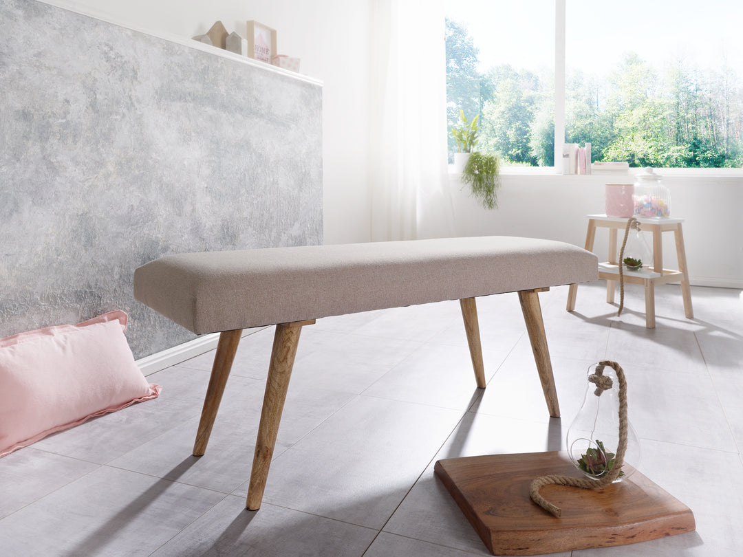 Sitzbank SILE_ Retro-Stil_ Bequeme Polsterung_ Strapazierfähiger Stoffbezug_ Massivholz_ Anti-Rutsch-Noppen - KADIMA DESIGN_Farbe_ Beige_ Größe_ 117x38x51 cm_
