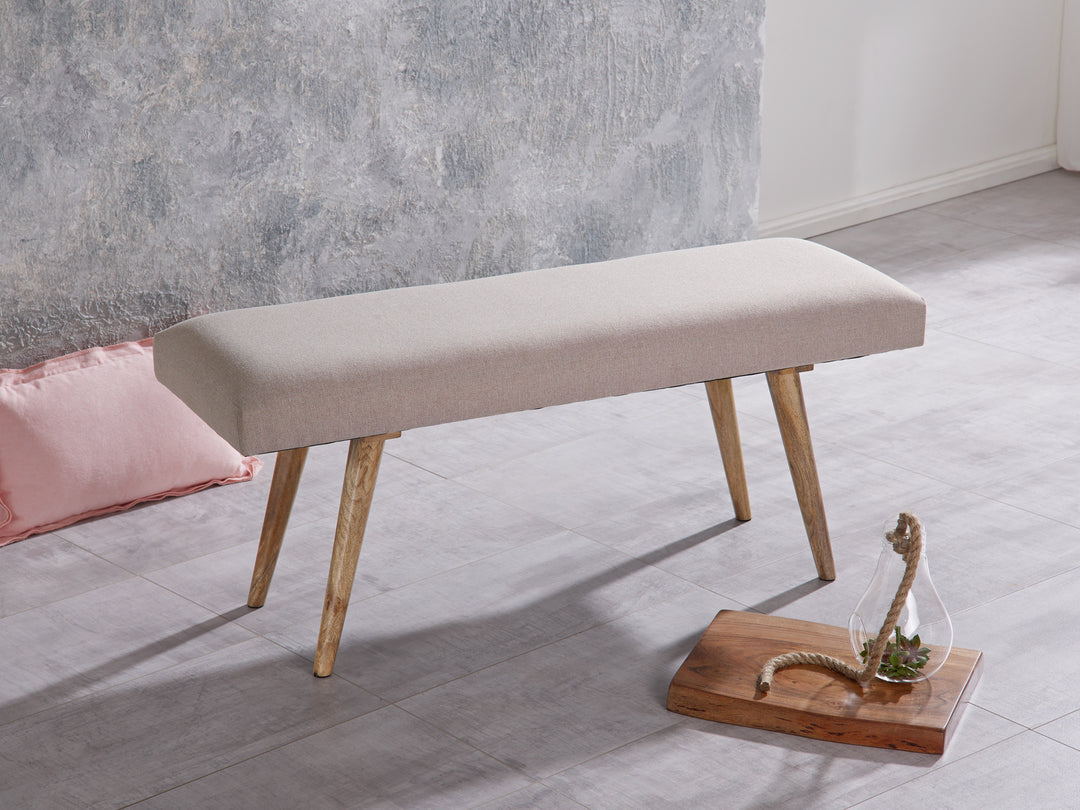 Sitzbank SILE_ Retro-Stil_ Bequeme Polsterung_ Strapazierfähiger Stoffbezug_ Massivholz_ Anti-Rutsch-Noppen - KADIMA DESIGN_Farbe_ Beige_ Größe_ 117x38x51 cm_