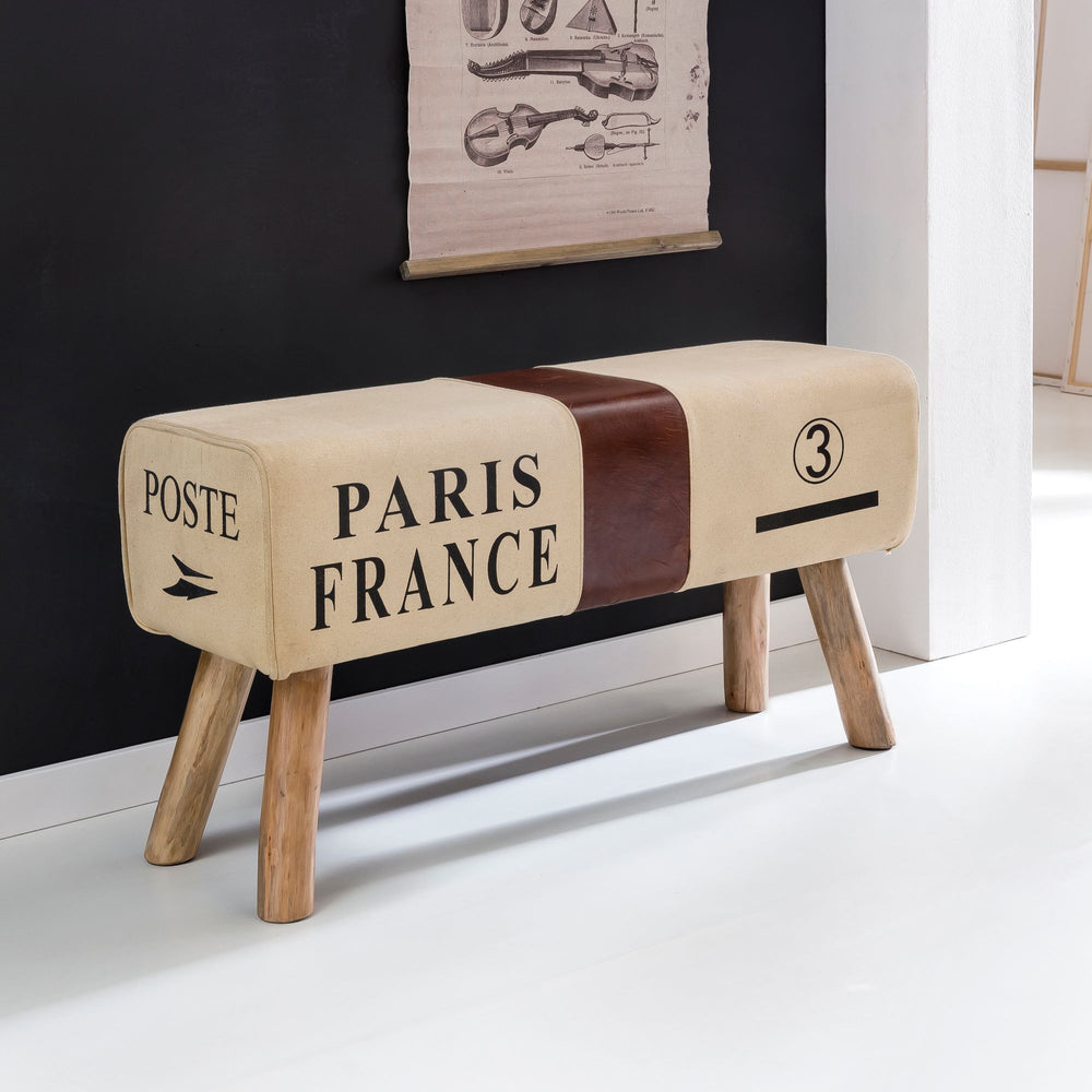 Retro Sitzbank Canzas_ 91 cm_ Stoff/Leder_ Braun/Beige - Stabile Holzbeine &amp; Bequem - KADIMA DESIGN_Größe_ 91x30x51 cm_