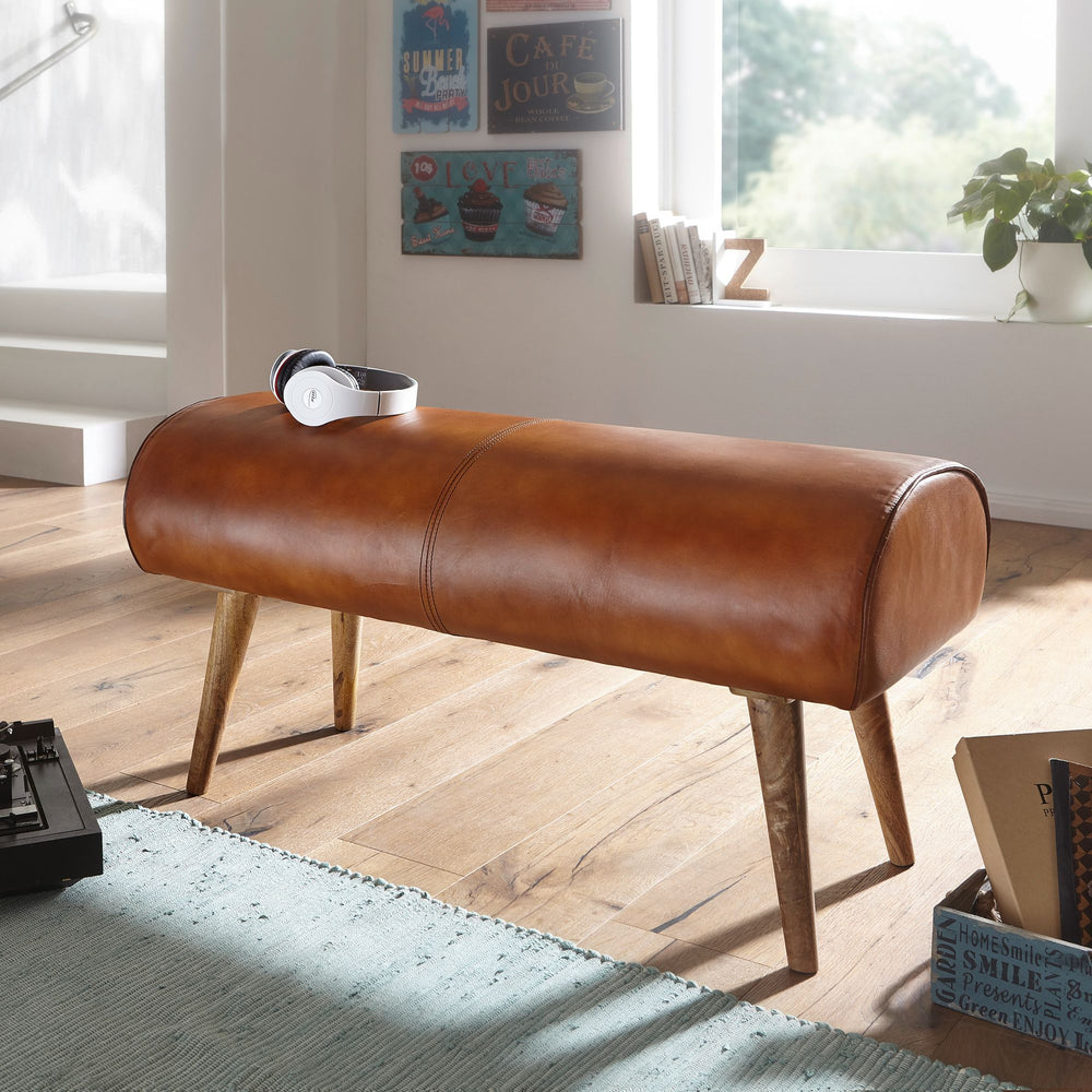 Sitzbank aus Holz und Echtleder_ Moderne stilvolle Sitzgelegenheit für 2 Personen - KADIMA DESIGN_Größe_ 100x40x53 cm_