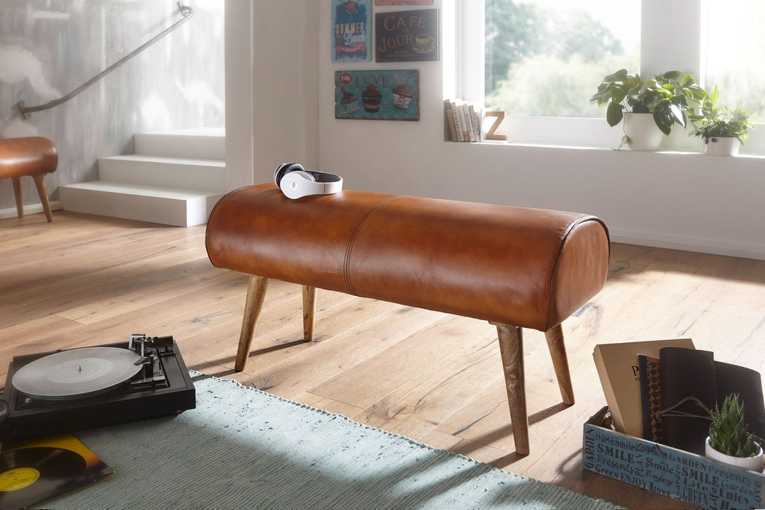 Sitzbank aus Holz und Echtleder_ Moderne stilvolle Sitzgelegenheit für 2 Personen - KADIMA DESIGN_Größe_ 100x40x53 cm_