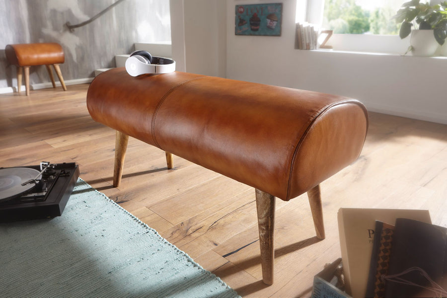Sitzbank aus Holz und Echtleder_ Moderne stilvolle Sitzgelegenheit für 2 Personen - KADIMA DESIGN_Größe_ 100x40x53 cm_