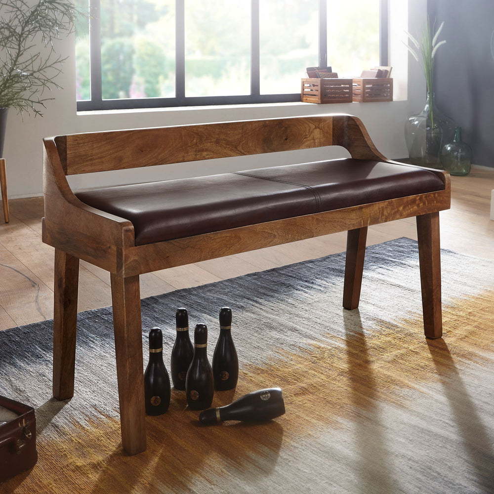 Echtleder Sitzbank_ 108 cm_ Rückenlehne_ Massivholzbeine_ bis zu 2 Personen - KADIMA DESIGN_Größe_ 108x43x63 cm_