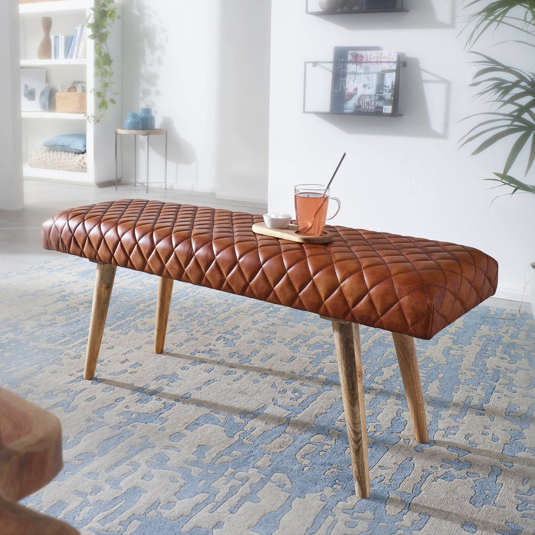 Springbock-Lederbank_ Elegante Sitzbank aus Massivholz und hochwertigem Echtleder - KADIMA DESIGN_Größe_ 115x38x53 cm_