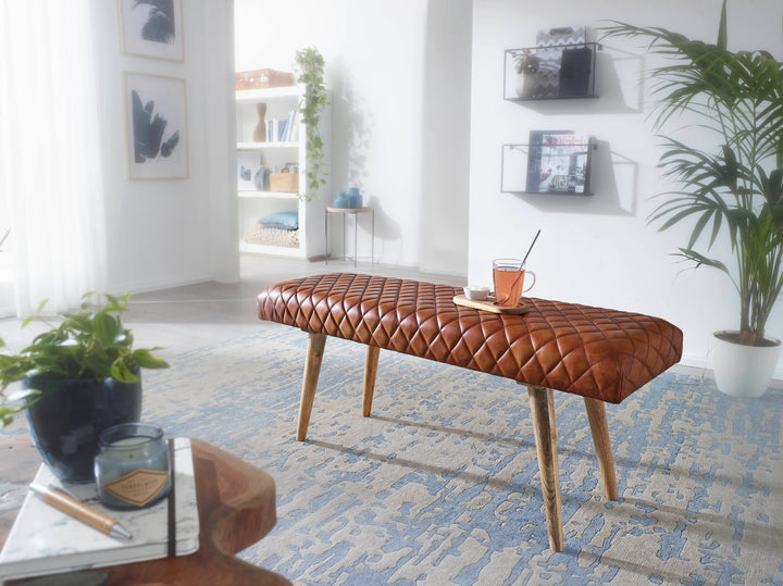 Springbock-Lederbank_ Elegante Sitzbank aus Massivholz und hochwertigem Echtleder - KADIMA DESIGN_Größe_ 115x38x53 cm_