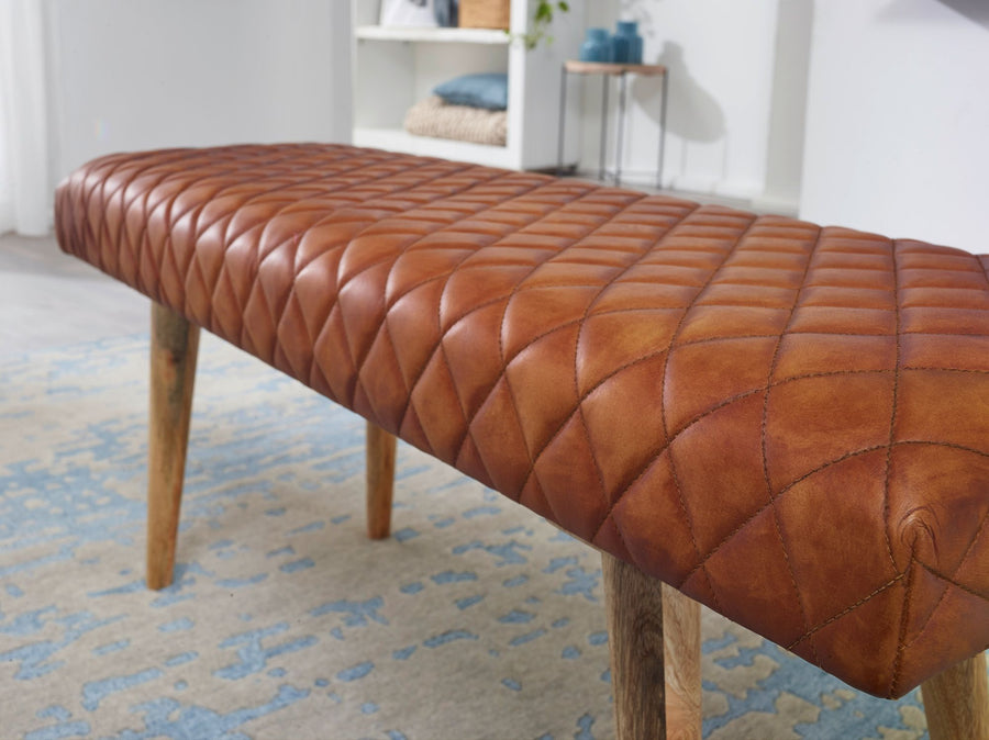 Springbock-Lederbank_ Elegante Sitzbank aus Massivholz und hochwertigem Echtleder - KADIMA DESIGN_Größe_ 115x38x53 cm_