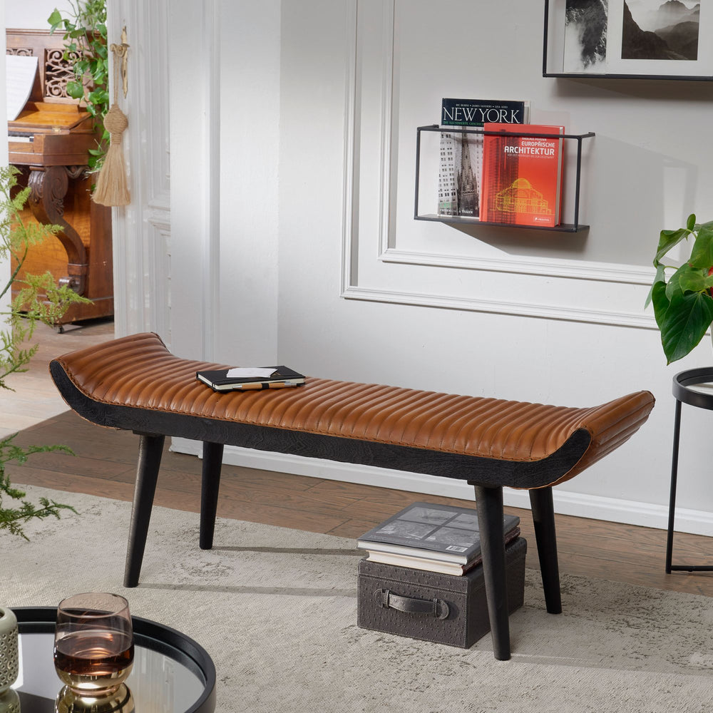 Moderne Ledersitzbank_ Nietenrand und Massivholzbeine_ Echtleder_ 125x51x38 cm - KADIMA DESIGN_Größe_ 125x38x51 cm_