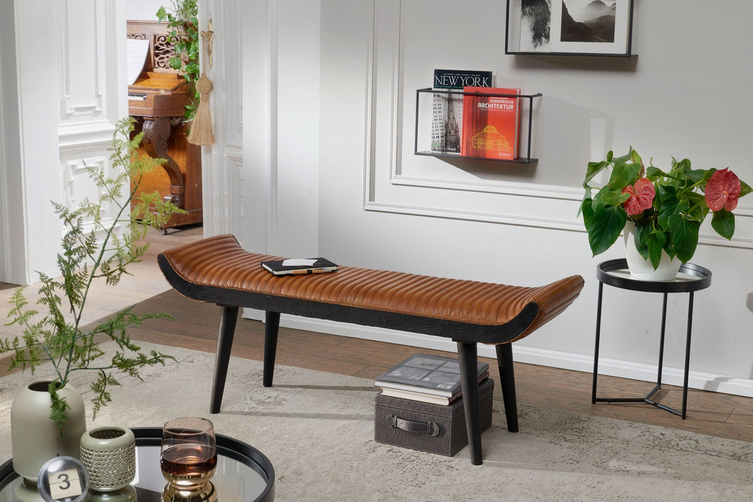 Moderne Ledersitzbank_ Nietenrand und Massivholzbeine_ Echtleder_ 125x51x38 cm - KADIMA DESIGN_Größe_ 125x38x51 cm_