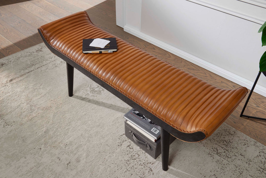 Moderne Ledersitzbank_ Nietenrand und Massivholzbeine_ Echtleder_ 125x51x38 cm - KADIMA DESIGN_Größe_ 125x38x51 cm_