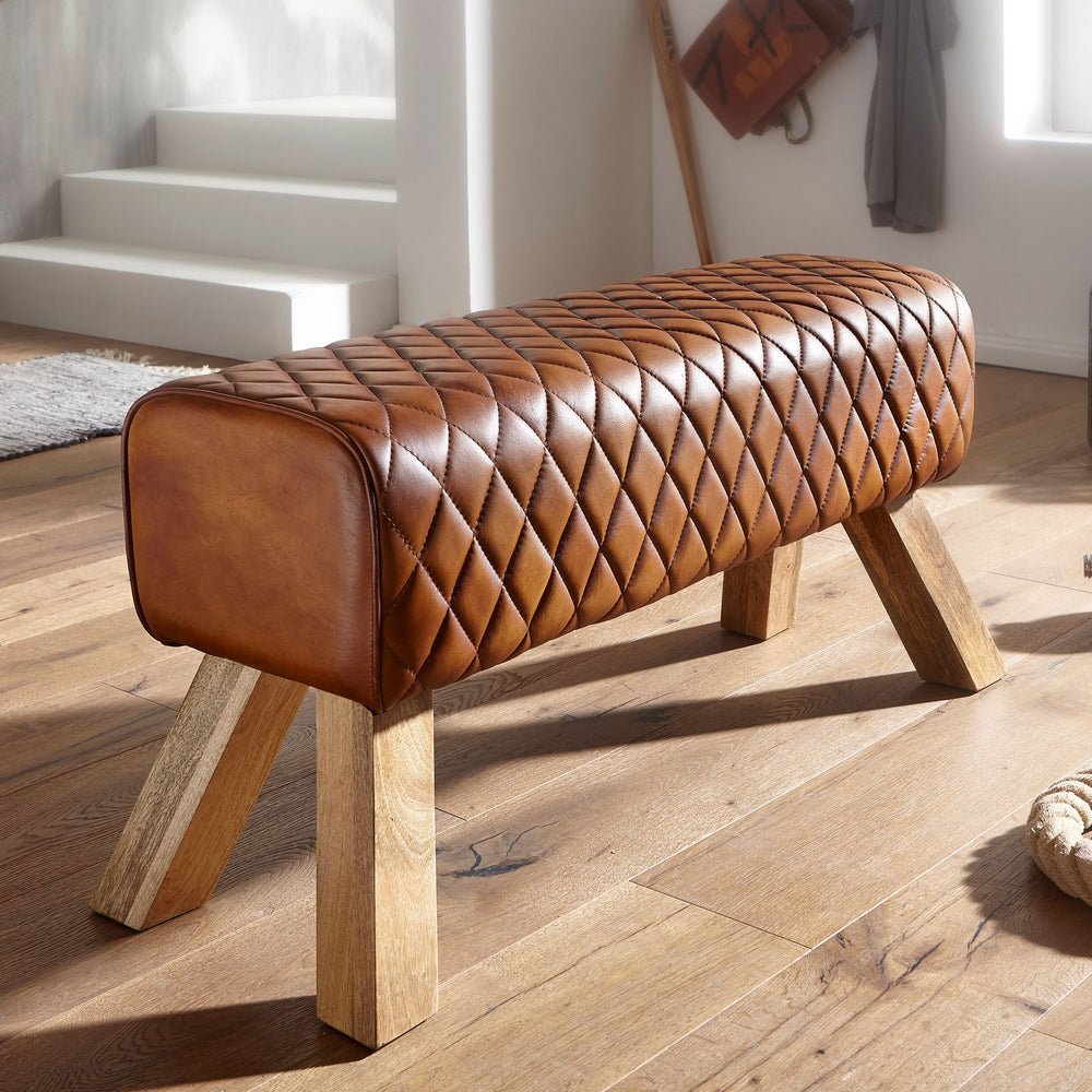 Extravagante Echtleder-Sitzbank mit massivem Mango Holz_ Moderner und stilvoller Blickfang - KADIMA DESIGN_Größe_ 89x35x46 cm_