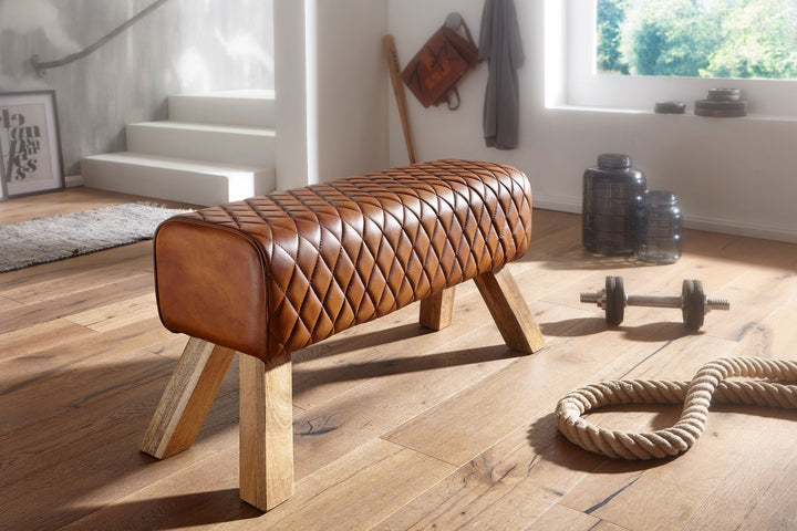 Extravagante Echtleder-Sitzbank mit massivem Mango Holz_ Moderner und stilvoller Blickfang - KADIMA DESIGN_Größe_ 89x35x46 cm_