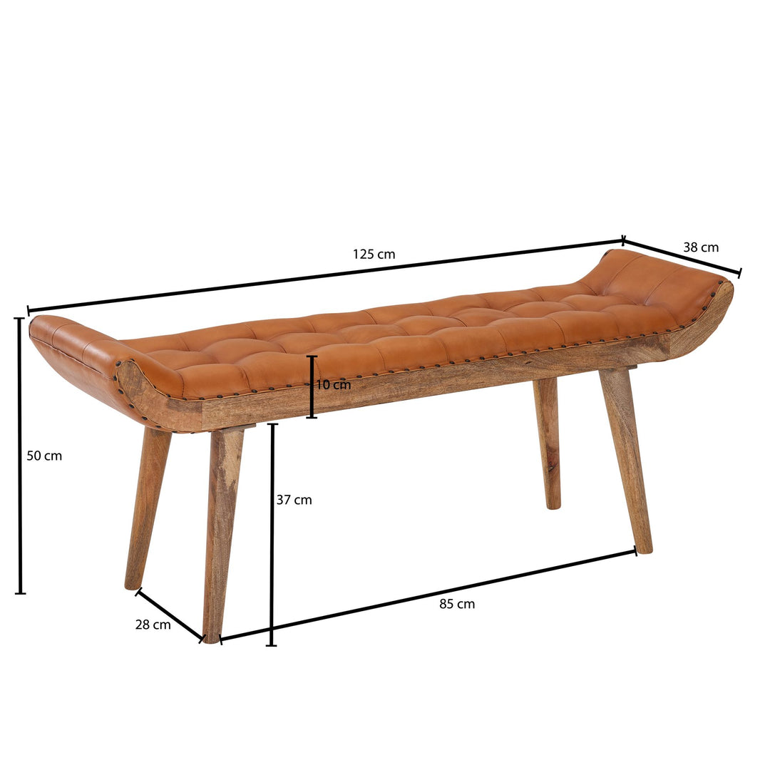 Sitzbank aus Massivholz und Leder/Stoff_ Chesterfield-Muster_ 125x50x38 cm_ Lederpolsterung_ Massivholzbeine - KADIMA DESIGN_Farbe_ Beige_ Material_ Leder_ Größe_ 125x38x50 cm_