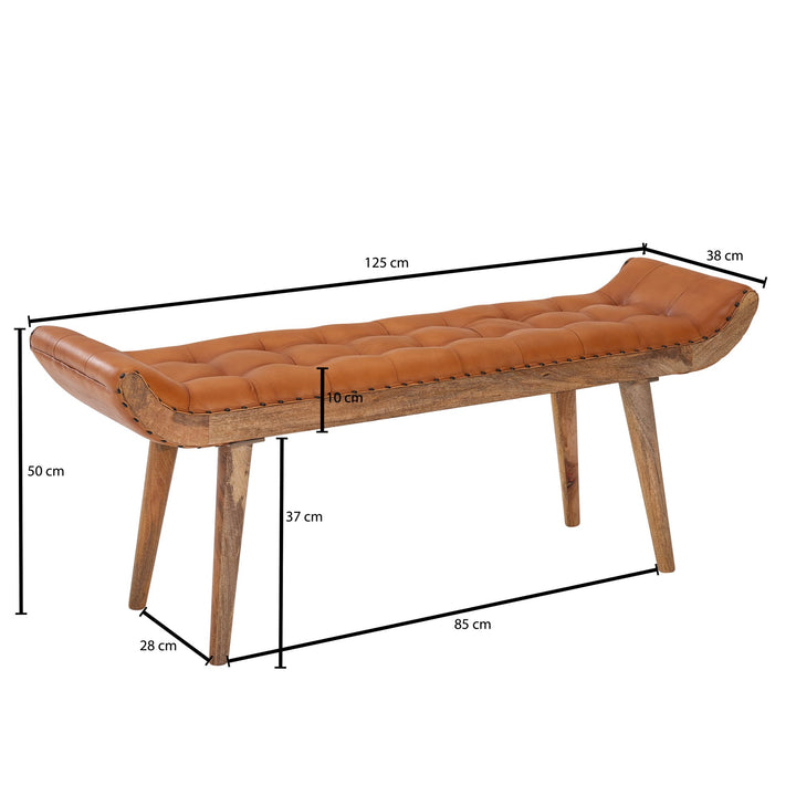 Sitzbank aus Massivholz und Leder/Stoff_ Chesterfield-Muster_ 125x50x38 cm_ Lederpolsterung_ Massivholzbeine - KADIMA DESIGN_Farbe_ Beige_ Material_ Leder_ Größe_ 125x38x50 cm_